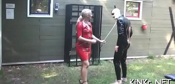  Mean domme wraps up her serf and tortures his dick